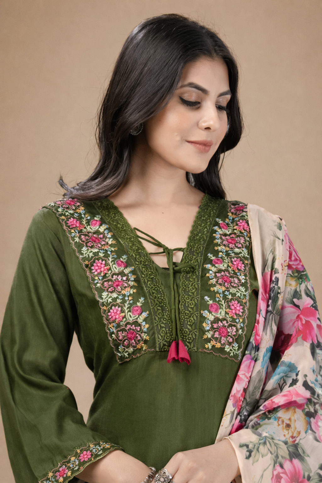 Olive Green Silk Kurta Set with Floral Embroidery and Digital Print Floral Organza Dupatta