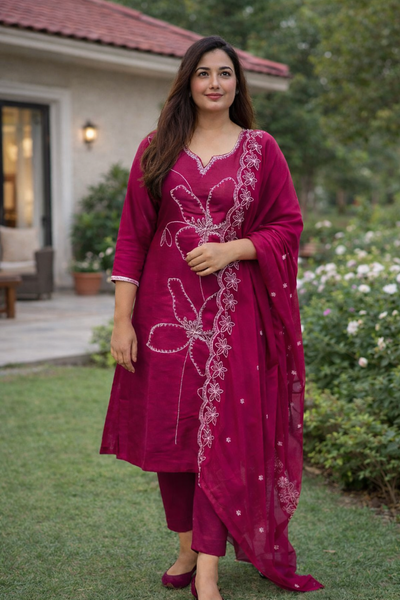 Magenta Pink Floral Embroidered Kurta Set – Festive 3-Piece Suit with Scalloped Border Dupatta