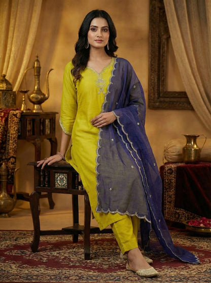 Women's Yellow Embroidered Straight Suit Set with Trousers