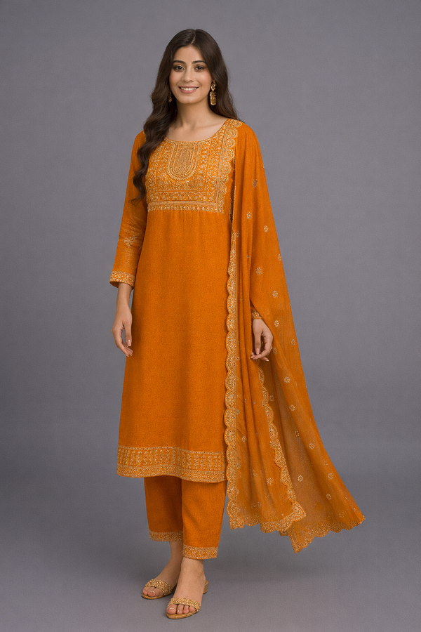 Mustard Yellow Silk Embroidered Salwar Kameez Set with Scalloped Dupatta – Vibrant Haldi Ceremony & Wedding Wear Suit