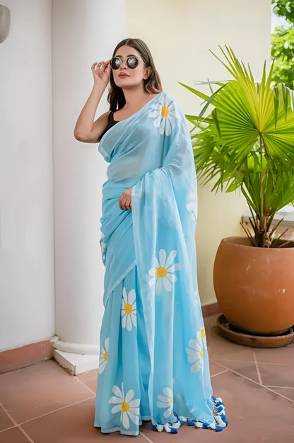 Hot Blue Organza Saree with Hand-Painted Daisy Florals and Tassel Details (Copy)