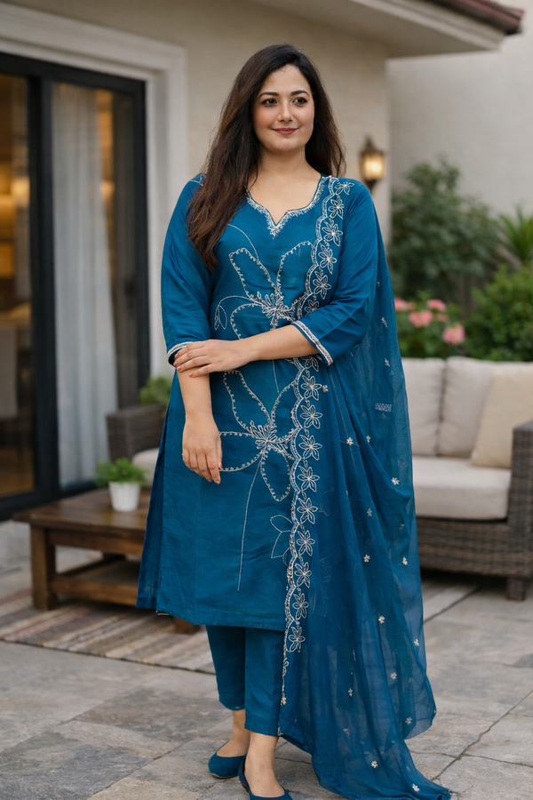 Teal Blue Floral Embroidered Kurta Set with Scalloped Dupatta – 3-Piece Ethnic Suit for Women