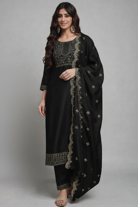 Elegant Black Embroidered Kurta Set with Dupatta – Ethnic Zari Work Salwar Suit for Women