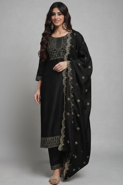 Elegant Black Embroidered Kurta Set with Dupatta – Ethnic Zari Work Salwar Suit for Women