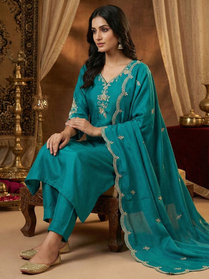 Women's Teal Blue Embroidered Straight Kurti With Dupatta & Bottomwear