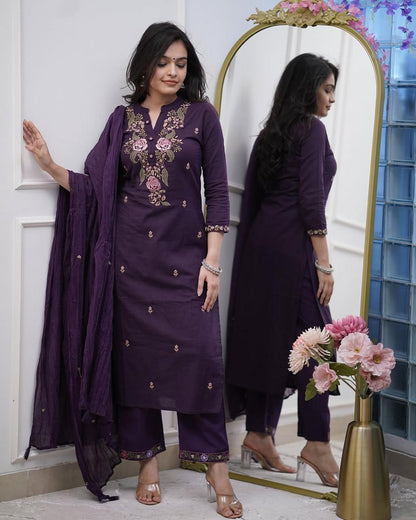 Royal Wine Embroidered Cotton Silk Kurta Set with Chiffon Dupatta