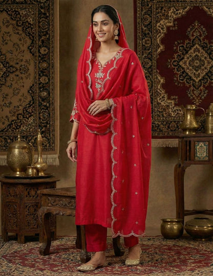 Women's Red Embroidered Straight Suit Set with Trousers