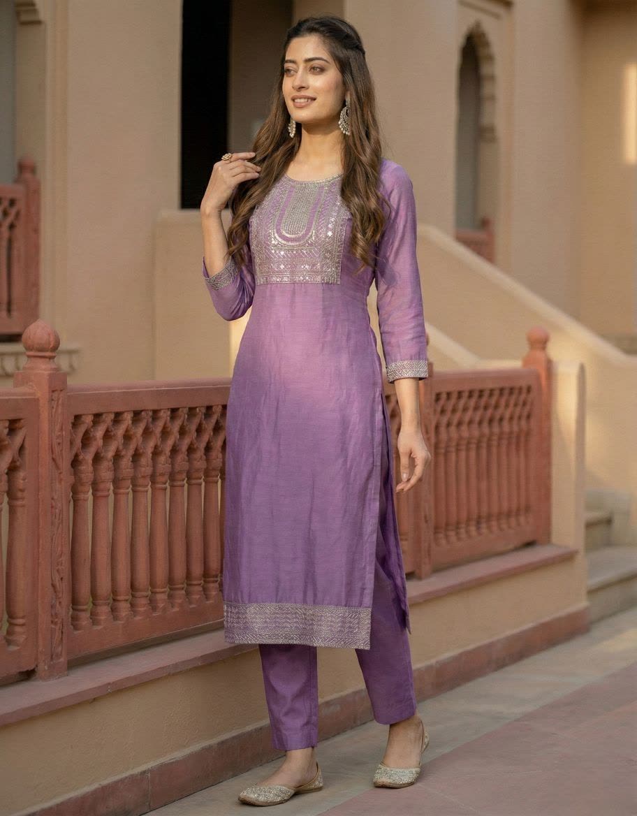 Women's Purple Cotton Blend Embroidered Straight Kurta