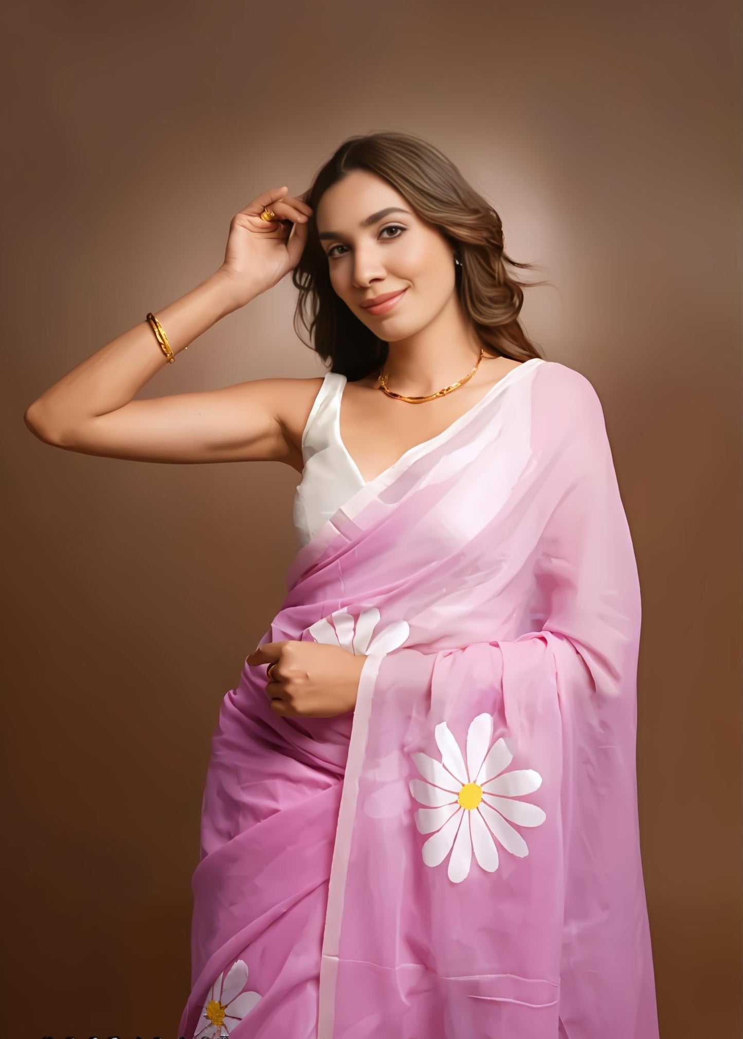Hot Pink Organza Saree with Hand-Painted Daisy Florals and Tassel Details