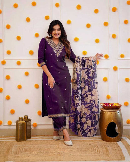 Royal Purple Silk Embroidered Kurta Set with Floral Organza Scalloped Dupatta