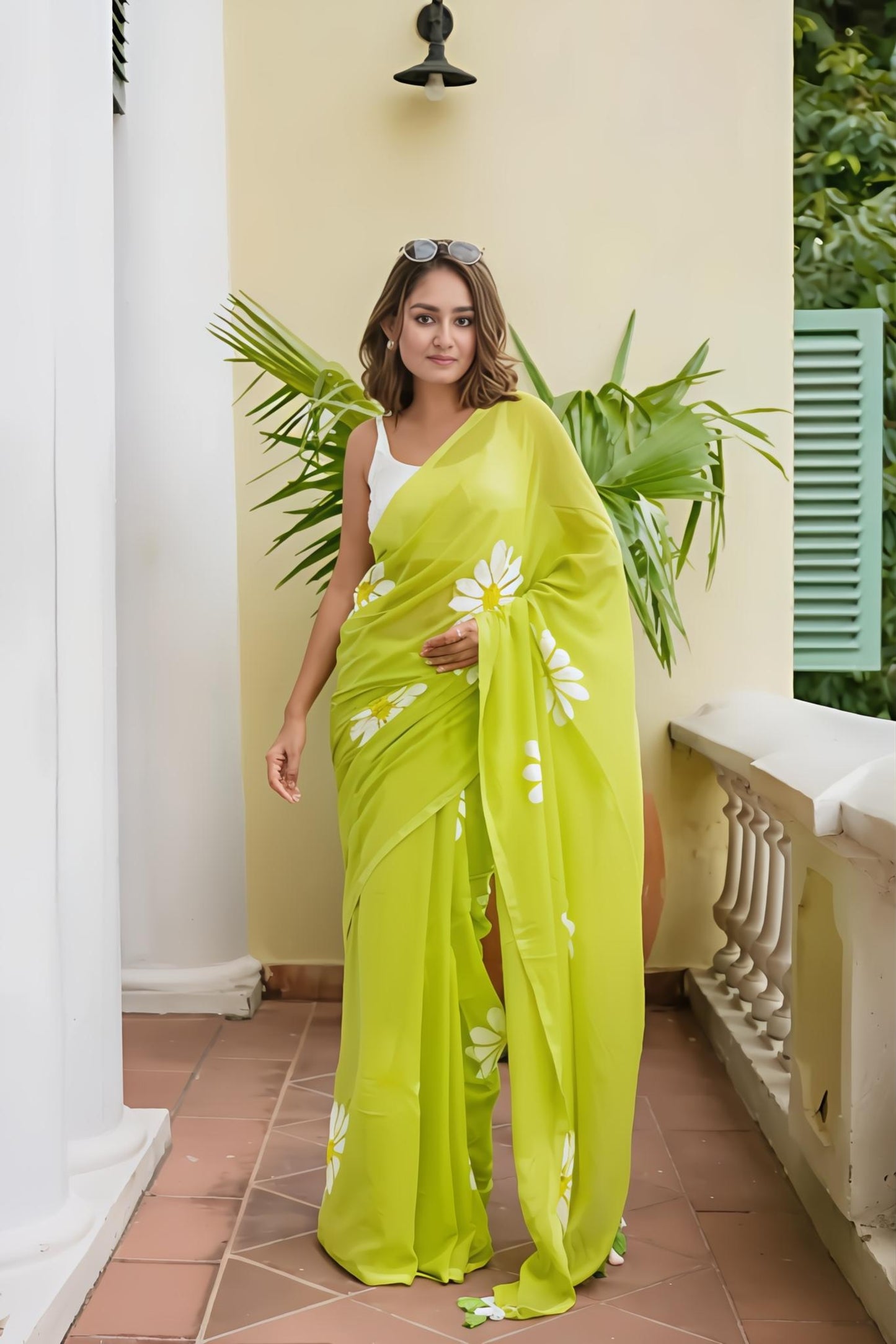 Hot parrote Organza Saree with Hand-Painted Daisy Florals and Tassel Details