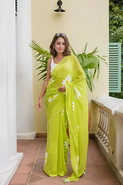 Hot parrote Organza Saree with Hand-Painted Daisy Florals and Tassel Details