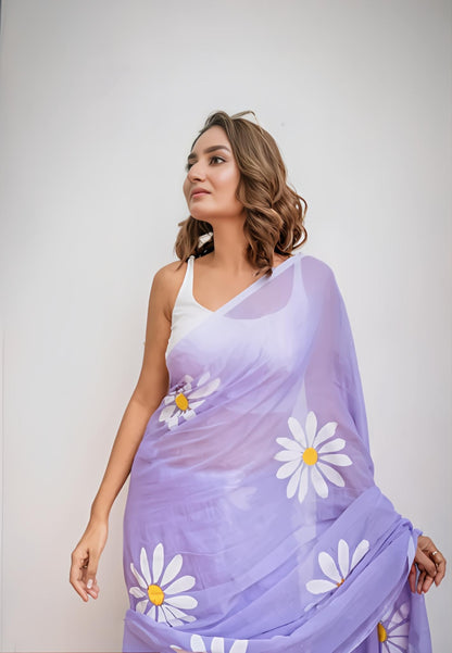 Hot Purple Organza Saree with Hand-Painted Daisy Florals and Tassel Details