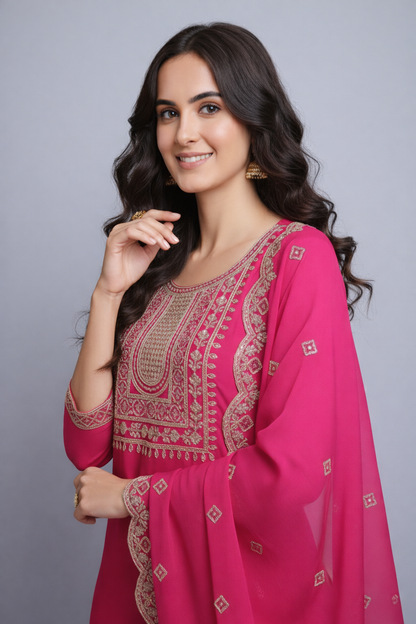Elegant Pink Silk Embroidered Salwar Suit with Scalloped Dupatta – Sophisticated Ethnic Party Wear for Women