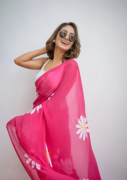 Hot Pink Organza Saree with Hand-Painted Daisy Florals and Tassel Details