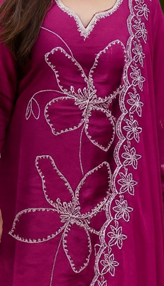 Magenta Pink Floral Embroidered Kurta Set – Festive 3-Piece Suit with Scalloped Border Dupatta