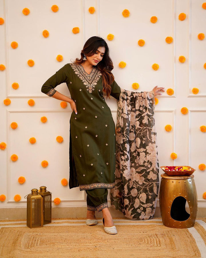 Olive Green Silk Embroidered Kurta Set with Floral Organza Scalloped Dupatta