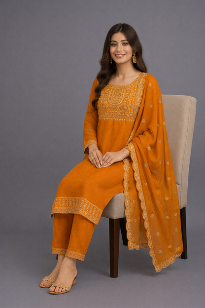 Mustard Yellow Silk Embroidered Salwar Kameez Set with Scalloped Dupatta – Vibrant Haldi Ceremony & Wedding Wear Suit