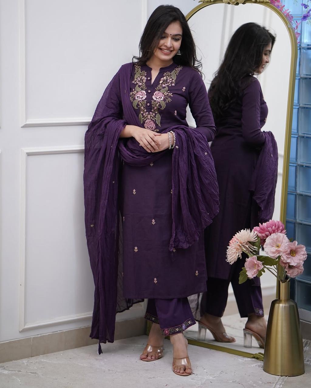Royal Wine Embroidered Cotton Silk Kurta Set with Chiffon Dupatta