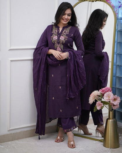 Royal Wine Embroidered Cotton Silk Kurta Set with Chiffon Dupatta
