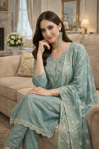 Seafoam Green Silk Blend Salwar Kameez with Intricate Lace V-Neck & Embroidered Organza Dupatta