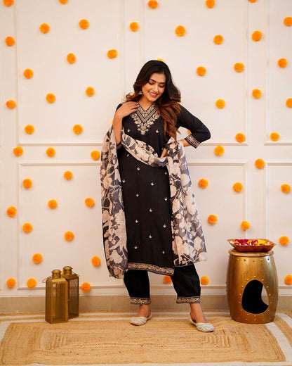 Jet Black Silk Embroidered Kurta Set with Floral Organza Scalloped Dupatta