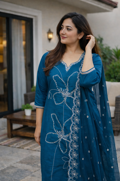 Teal Blue Floral Embroidered Kurta Set with Scalloped Dupatta – 3-Piece Ethnic Suit for Women
