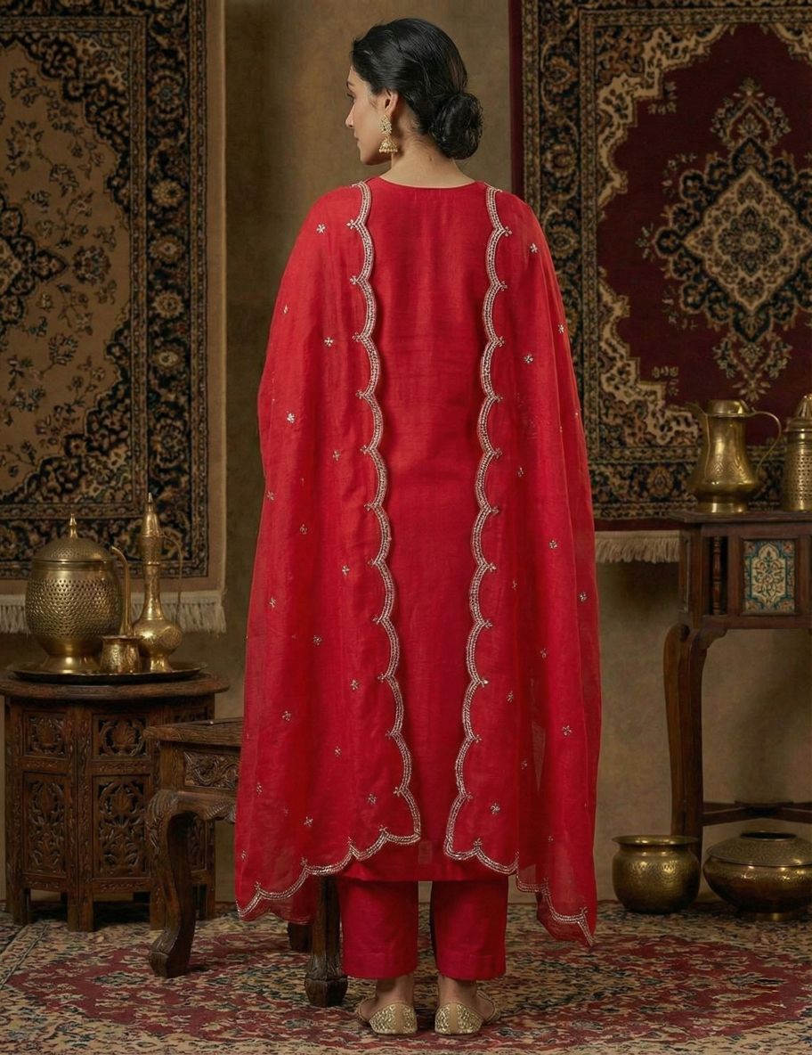 Women's Red Embroidered Straight Suit Set with Trousers