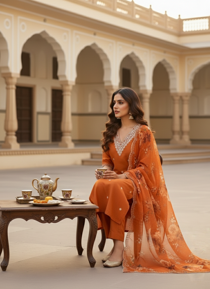 Burnt Orange Embroidered Kurta Set with Floral Organza Dupatta