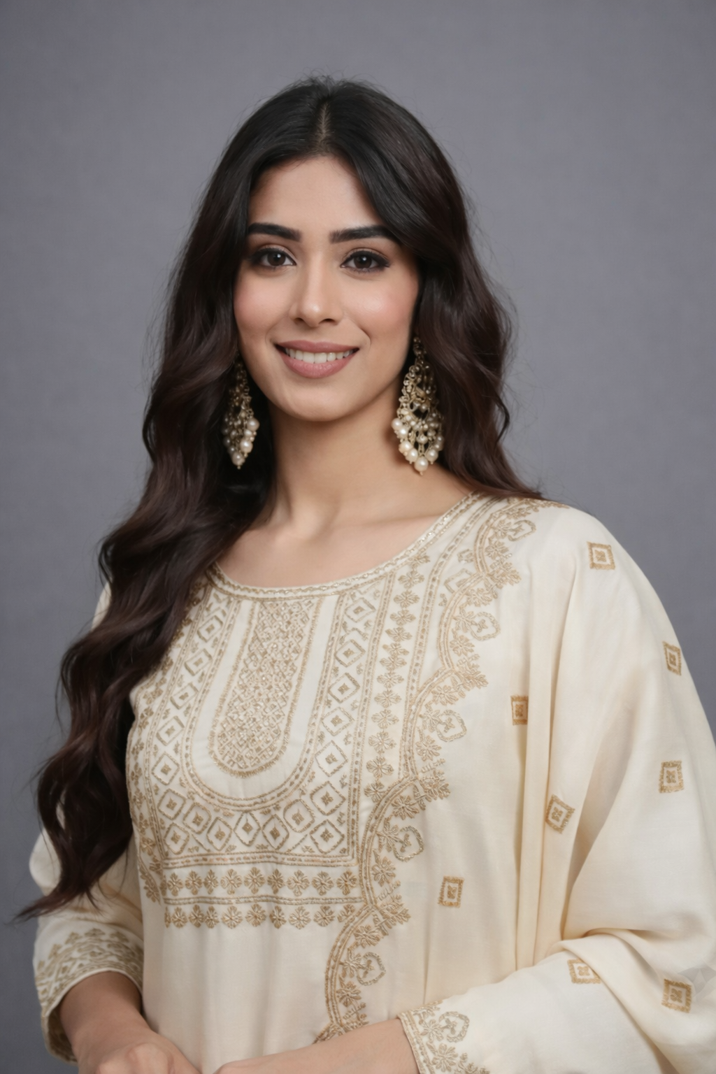 Elegant Cream Ivory Silk Embroidered Salwar Suit with Scalloped Dupatta – Sophisticated Ethnic Party Wear for Women