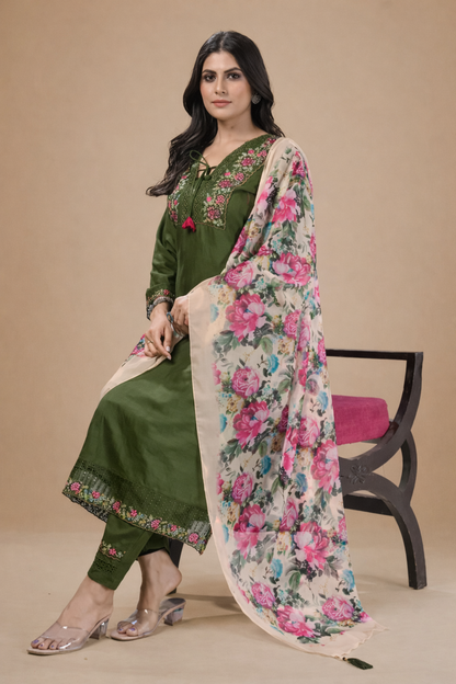 Olive Green Silk Kurta Set with Floral Embroidery and Digital Print Floral Organza Dupatta