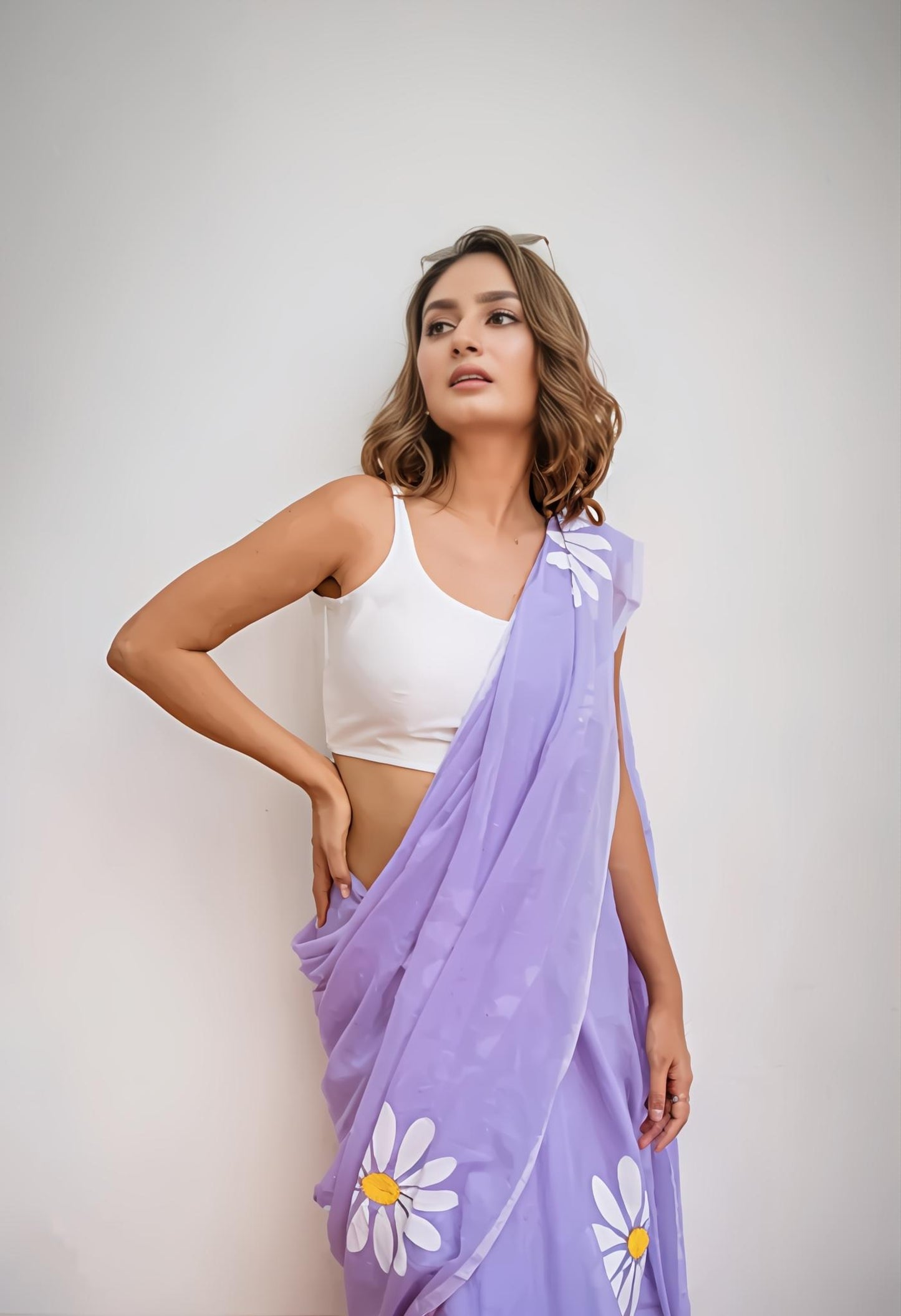 Hot Purple Organza Saree with Hand-Painted Daisy Florals and Tassel Details