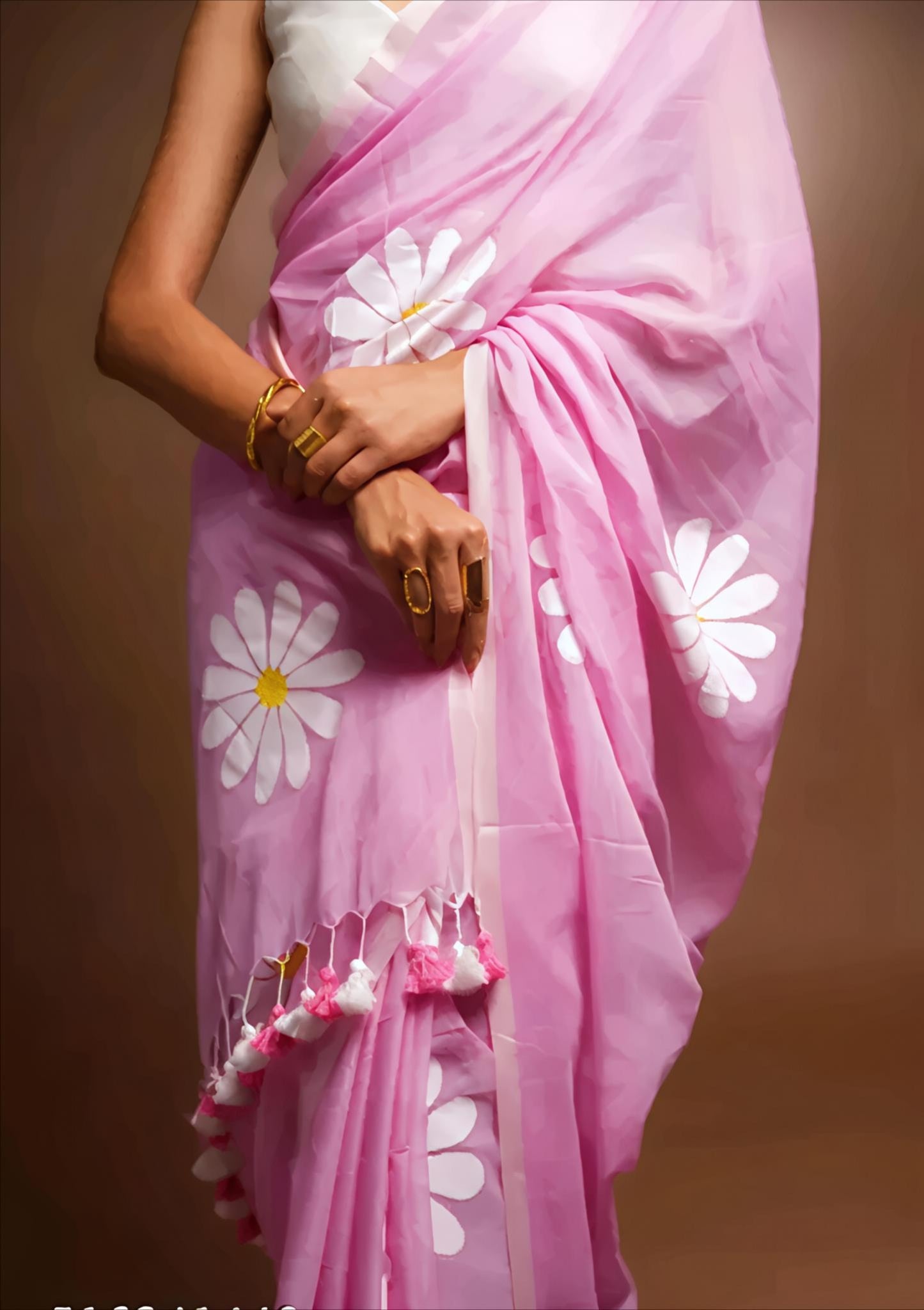 Hot Pink Organza Saree with Hand-Painted Daisy Florals and Tassel Details
