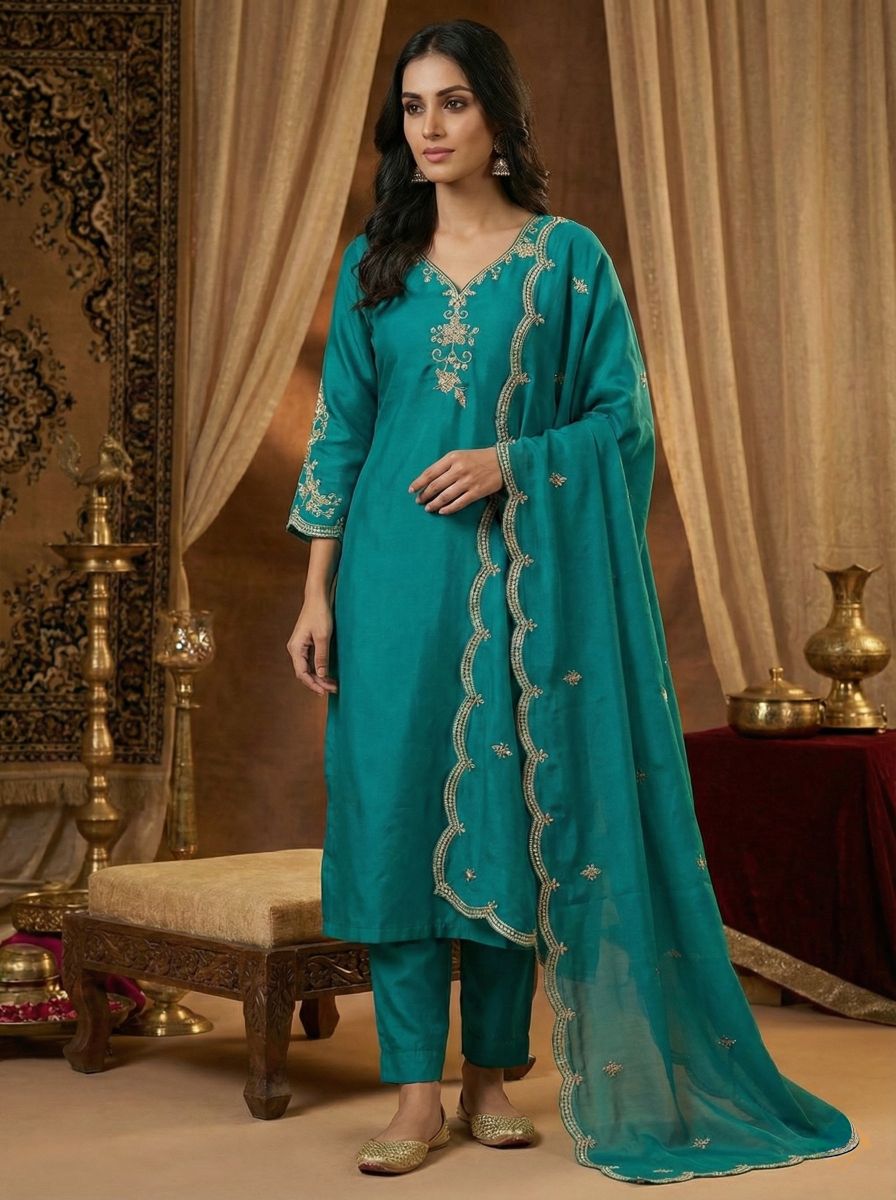 Women's Teal Blue Embroidered Straight Kurti With Dupatta & Bottomwear