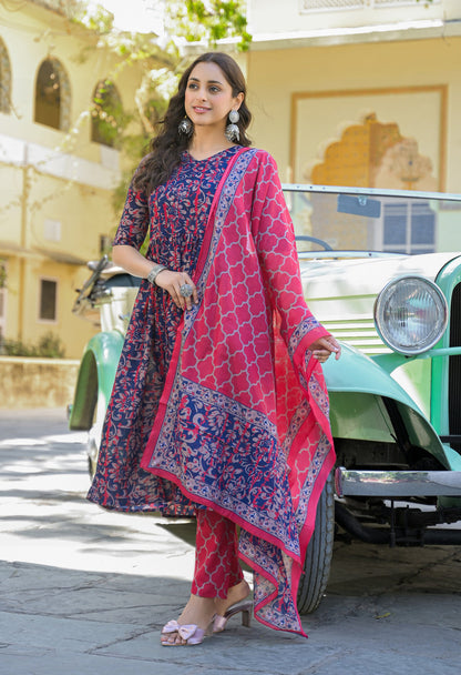 Women's Blue Embroidered Straight Suit Set with Trousers