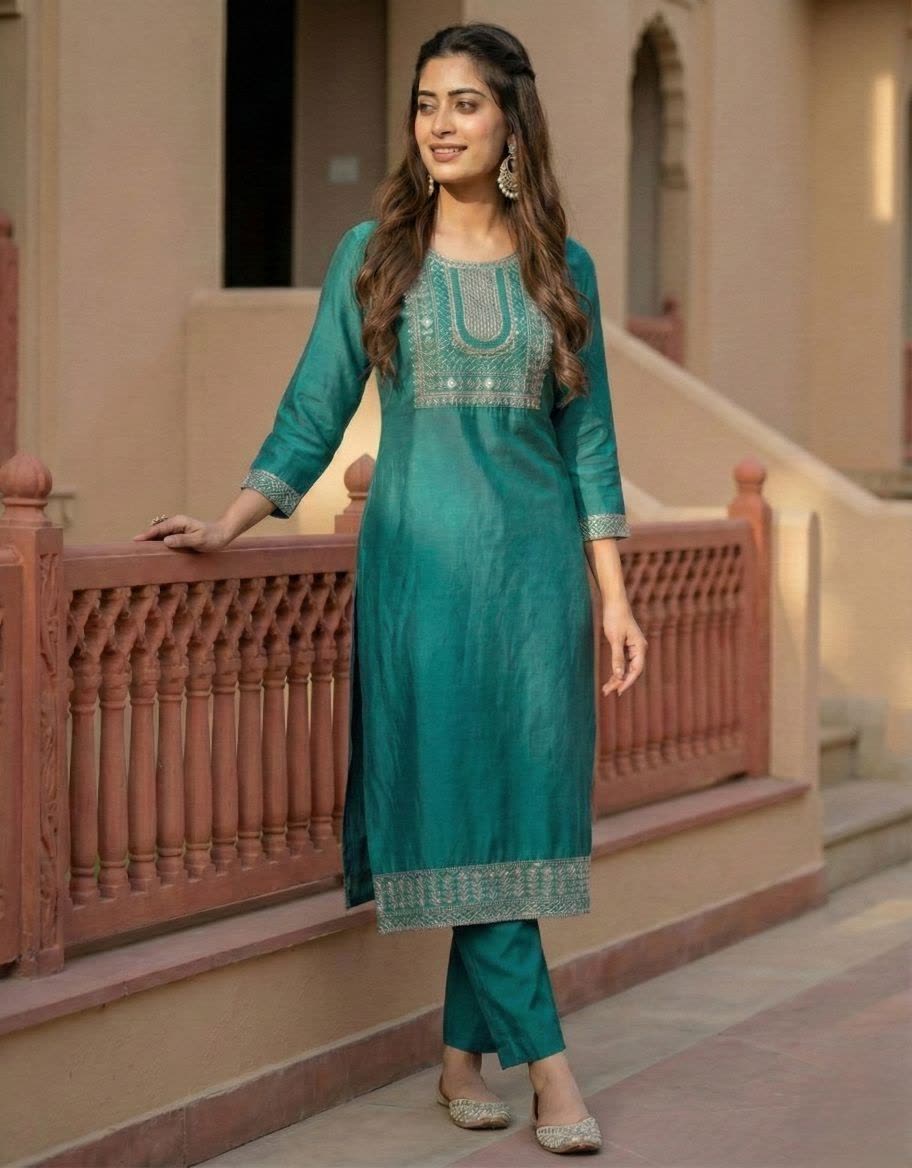 Women's Teal-Blue Cotton Blend Embroidered Straight Kurta