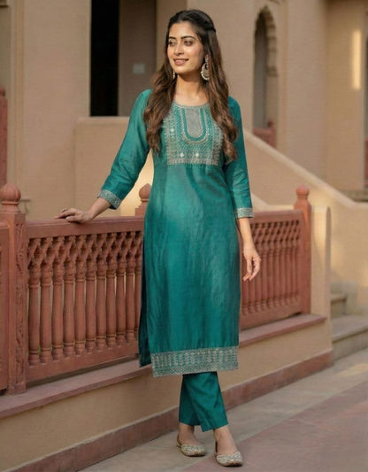 Women's Teal-Blue Cotton Blend Embroidered Straight Kurta