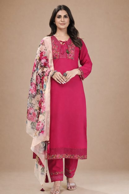 Magenta Silk Blend Salwar Kameez with Floral V-Neck Embroidery and Digital Print Organza Dupatta