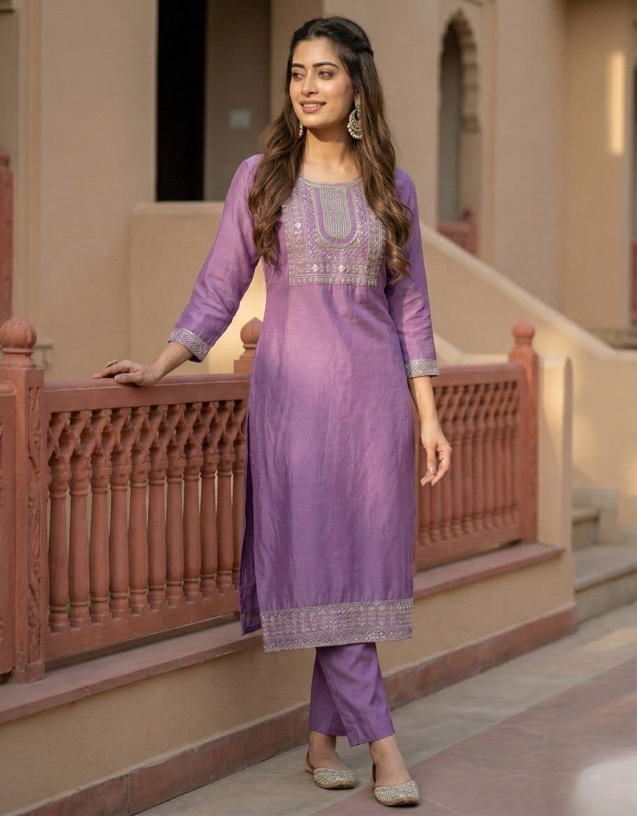 Women's Purple Cotton Blend Embroidered Straight Kurta