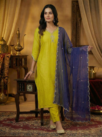 Women's Yellow Embroidered Straight Suit Set with Trousers