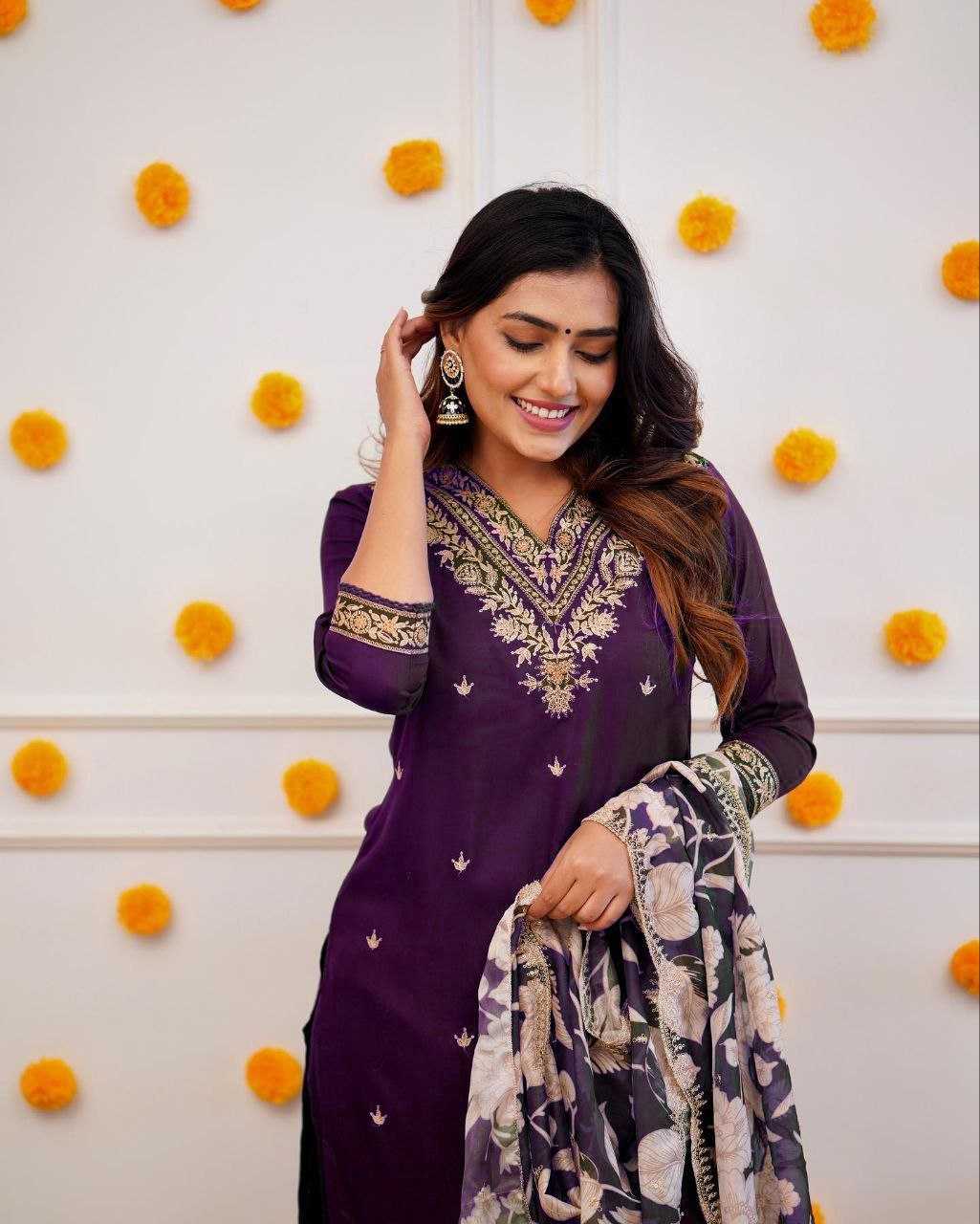 Royal Purple Silk Embroidered Kurta Set with Floral Organza Scalloped Dupatta