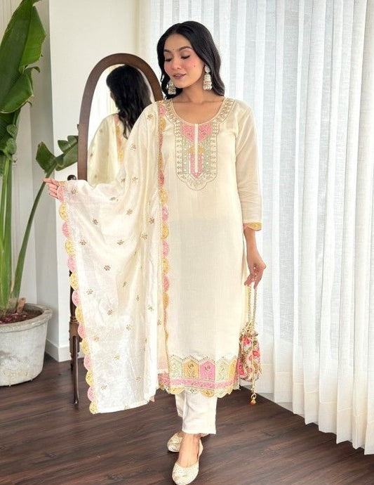 Off-White Chanderi Silk Salwar Suit Set with Pink Gota Patti Embroidery and Scalloped Dupatta