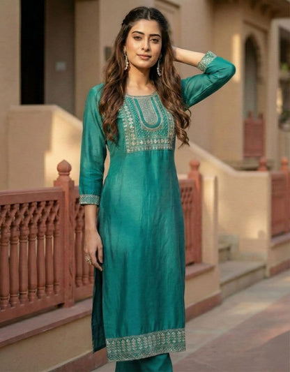 Women's Teal-Blue Cotton Blend Embroidered Straight Kurta