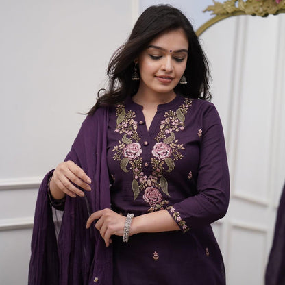 Royal Wine Embroidered Cotton Silk Kurta Set with Chiffon Dupatta