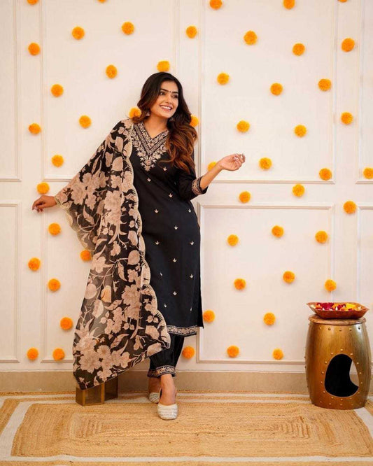 Jet Black Silk Embroidered Kurta Set with Floral Organza Scalloped Dupatta