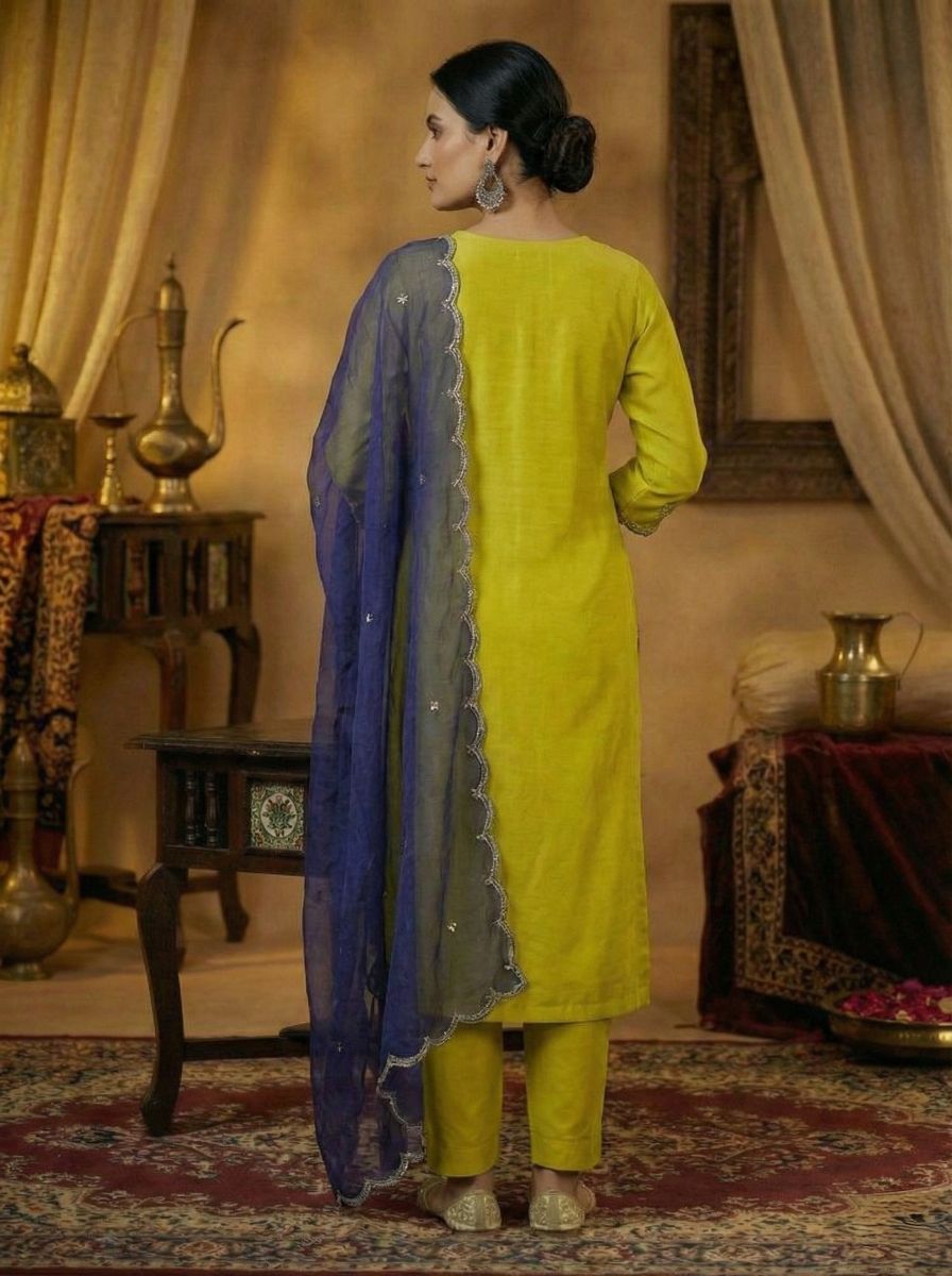 Women's Yellow Embroidered Straight Suit Set with Trousers