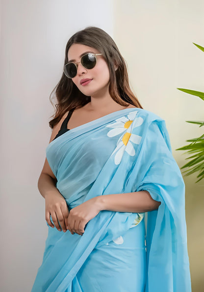 Hot Blue Organza Saree with Hand-Painted Daisy Florals and Tassel Details (Copy)