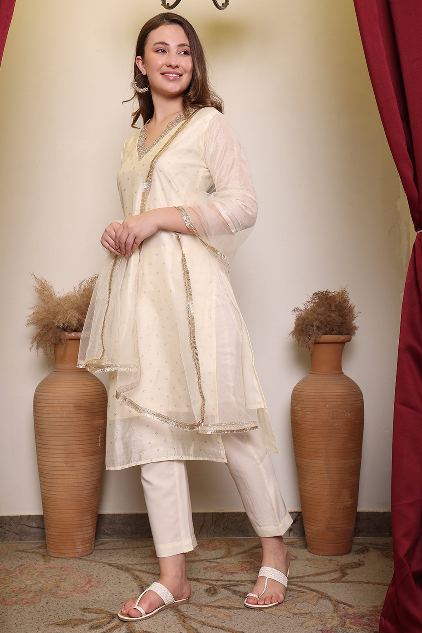Off-White Chanderi Silk Embroidered Kurta Set with Net Gota Patti Dupatta