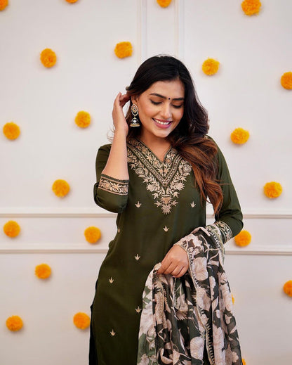 Olive Green Silk Embroidered Kurta Set with Floral Organza Scalloped Dupatta