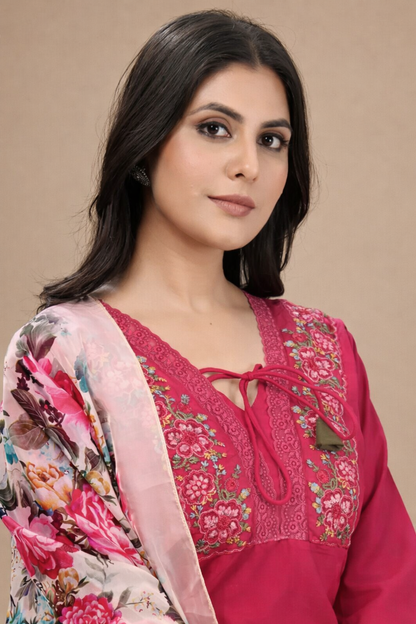 Magenta Silk Blend Salwar Kameez with Floral V-Neck Embroidery and Digital Print Organza Dupatta